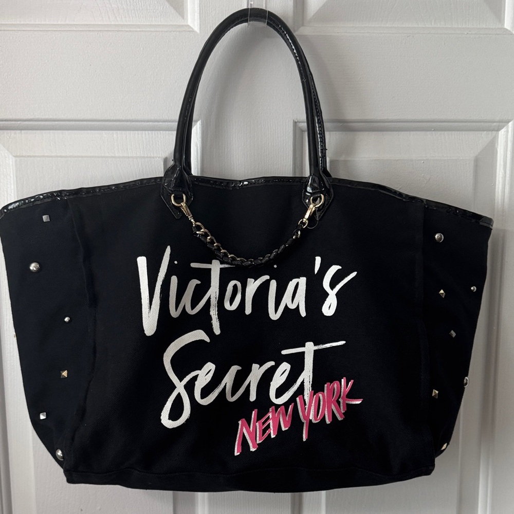 Victoria's Secret City Tote Bag Pink Imported Canvas W/ Chain Detailing NY